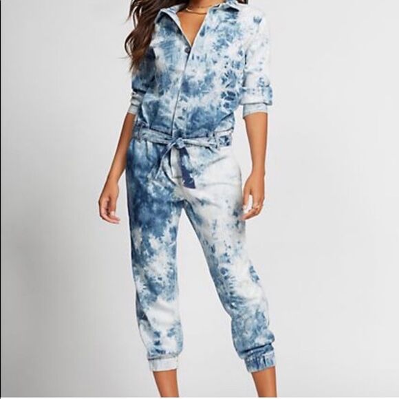Gabrielle Union NY&Co Tie-Dye Denim Jumpsuit Chambray & Navy Blue Size Large - Picture 3 of 14